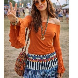 Band of Gypsies Boho Festival Off Shoulder Bell Sleeve Top Hippie Retro Blouse
